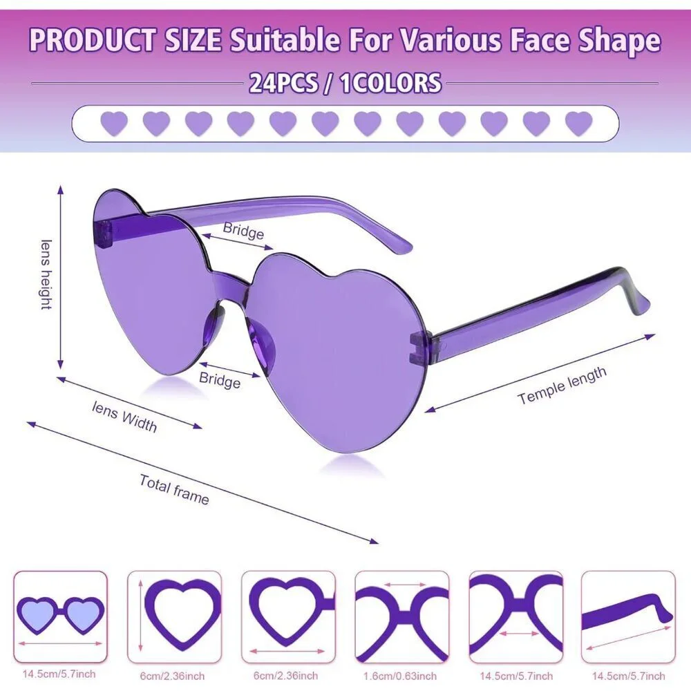 Purple Heart Sunglasses Women Rimless Heart-Shaped Party Favors Bulk 24